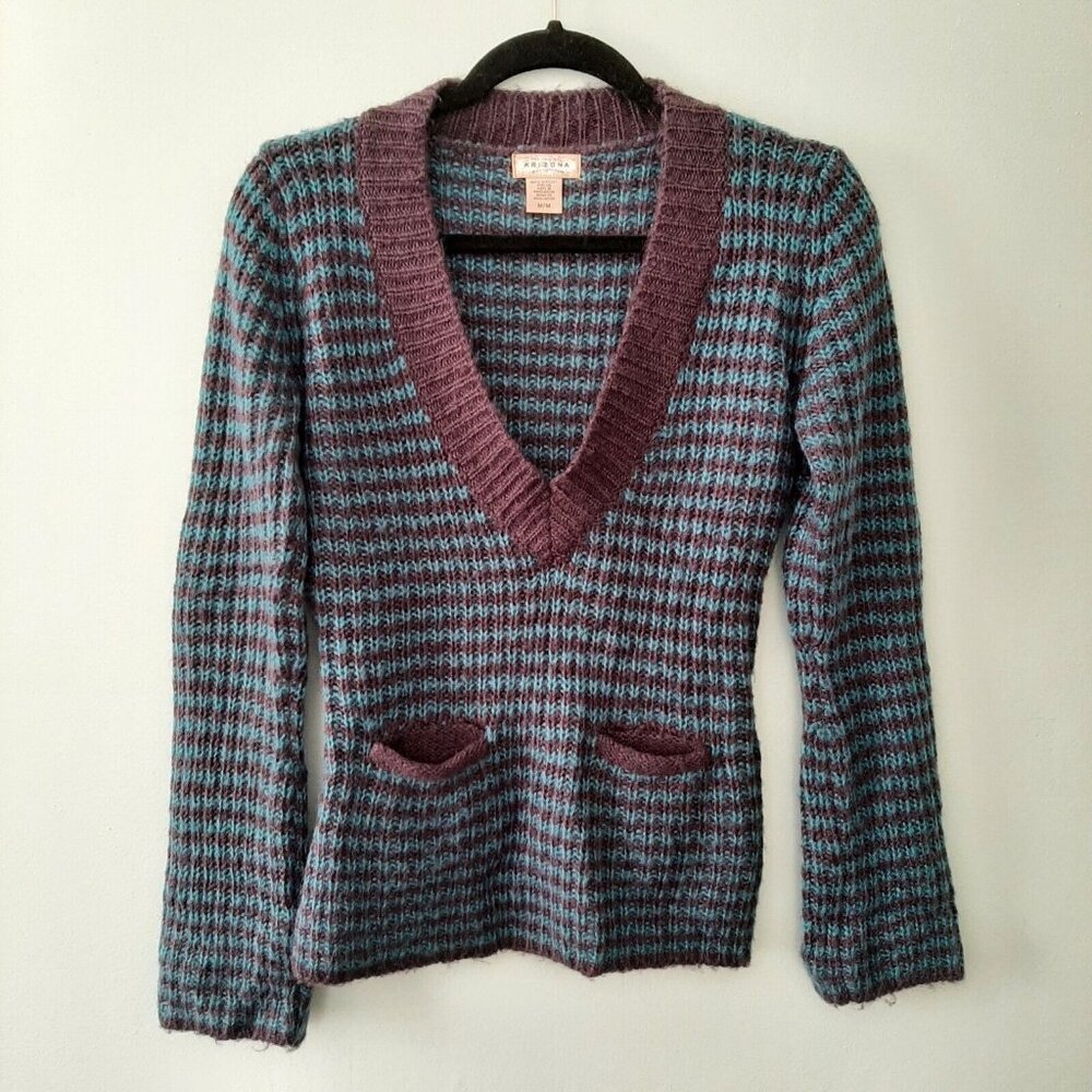 Vtg Y2K ARIZONA 90s Stripe V Neck Sweater Knit Lightweight Teal Purple Preppy M